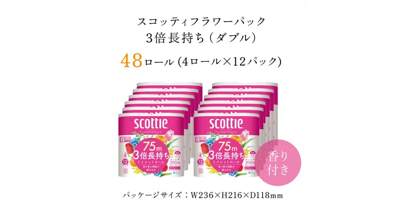 【ふるさと納税】【生活応援】【トイレットロール】スコッティフラワーパック3倍長持ち4ロール（ダブル）×12パック トイレットペーパー 3倍 省スペース まとめ買い ティッシュ 日用品 生活必需品 消耗品 備蓄 防災 大容量 48ロール クレシア FCAS006